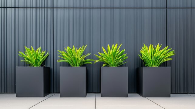 Fiberglass and sustainability concept. Modern planters with lush green plants against a dark background.