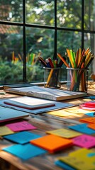 A vibrant workspace featuring colorful stationery, sticky notes, and a notebook, illuminated by natural light from a large window.