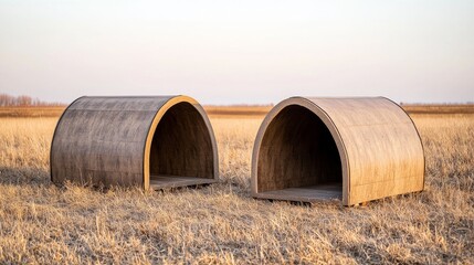 Obraz premium Fiberglass and sustainability concept. Two curved structures in a grassy field at sunset.