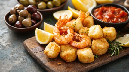 Fototapeta premium A platter of Spanish tapas including patatas bravas, croquetas, and garlic shrimp