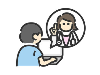 ノートパソコンで、オンライン診療を受ける、後ろ姿の男性のアイコン（線画カラー）のイラスト