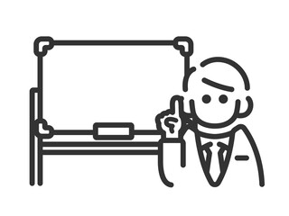 ホワイトボードを使って、プレゼンテーションする、ビジネスマンのアイコン（線画）のイラスト