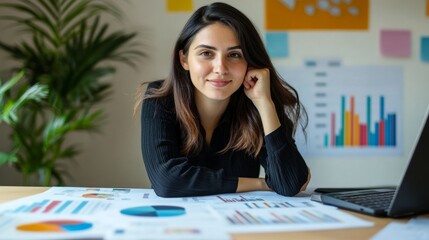 Business woman analyzing data home office data visualization modern environment professional viewpoint empowerment concept