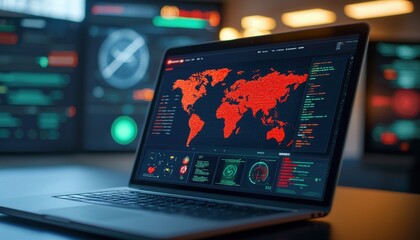 A laptop displays a digital world map in red, surrounded by various analytical dashboards, suggesting a cybersecurity or data analysis environment.
