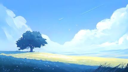 Fototapeta premium A single tree stands on a grassy hill under a bright blue sky with fluffy clouds.