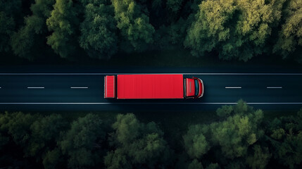 Red truck transporting goods on asphalt road through forest, aerial view