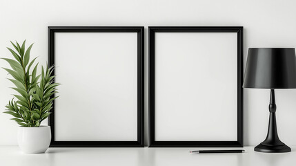 Two empty black frames mockup with plant and lamp on white table