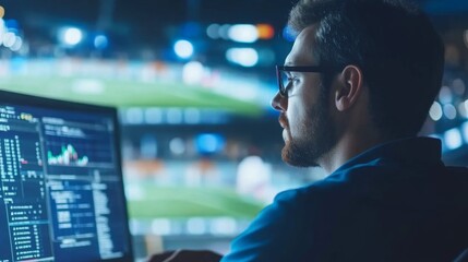 Data analyst monitoring live sports analytics stadium control room digital media evening setting professional growth