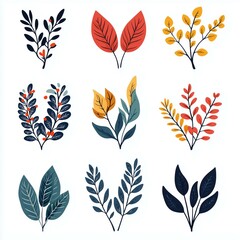Fototapeta premium flat winter plants leaves silhouette collection on white background - leaves, foliage, botanical, nature, plants, herbs, greenery, garden, floral, branches, illustration