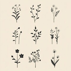 flat winter plants leaves silhouette collection on white background - flower, plant, botanical, nature, floral, design, leaves, graphic, black, silhouette, artwork