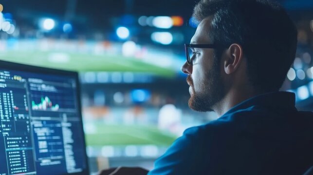 Data analyst monitoring live sports analytics stadium control room digital media evening setting professional growth - Powered by Adobe