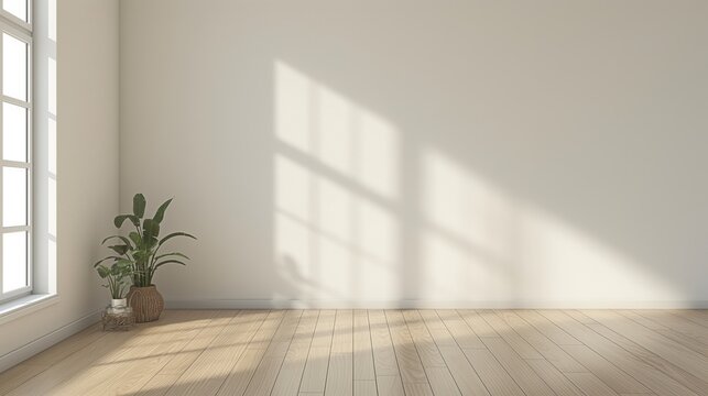 Minimalist white empty room interior blank wall background or backdrop with window light shadow for online zoom presentations webinars and virtual meetings teams video call desktop wallpaper