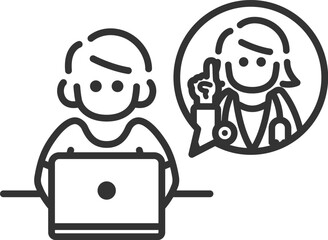ノートパソコンで、オンライン診療を受ける、正面から見た男性のアイコン（線画）のイラスト