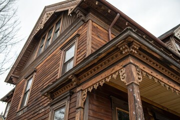 Fototapeta premium Vintage Brown Painted Wood Texture - Aesthetic Documentary Photography of Weathered Exteriors, Capturing Rustic Charm and Timeless Beauty in Architectural Elements