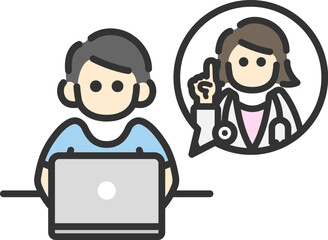 ノートパソコンで、オンライン診療を受ける、正面から見た男性のアイコン（線画カラー）のイラスト