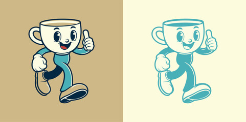 Anthropomorphic character of happy tea cup with thumbs up