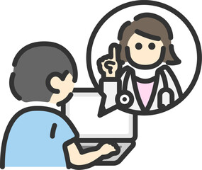 ノートパソコンで、オンライン診療を受ける、後ろ姿の男性のアイコン（線画カラー）のイラスト