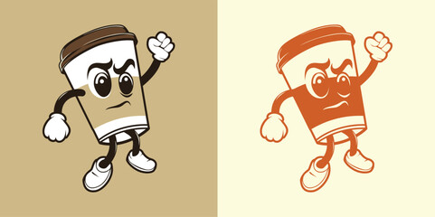 Anthropomorphic character of angry coffee cup with clenched fist
