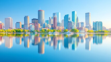 Fototapeta premium Boston skyline reflected in calm water at sunrise.