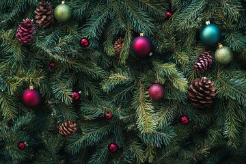 Full frame close-up of assorted Christmas conifer branches with christmas baubles for a festive background with generative ai
