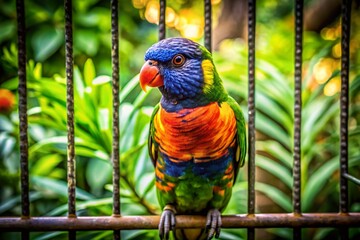 Captivating Candid Photography of a Parrot Perched on a Branch, Enclosed Behind Bars in a Natural Habitat, Highlighting the Contrast Between Freedom and Confinement