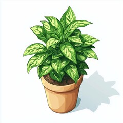 isometric drawing of a plant in a pot on a white background - houseplant, potted plant, green leaves, indoor plant, home decor, plant care, nature, botanical