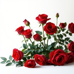 A stunning arrangement of red roses with lush greenery on a white background, flower arrangement, red roses, beautiful flowers