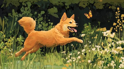 Fototapeta premium Finnish Spitz Dog Chasing Butterfly in Wildflower Meadow