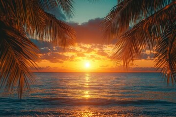 Naklejka premium tropical green palm leaves cut out against a vibrant sunset, casting intricate shadows on a shimmering sea, evoking a serene and exotic atmosphere