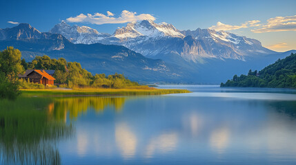 Fototapeta premium A serene landscape photograph showcasing a tranquil lake nestled between majestic, snow-capped mountains