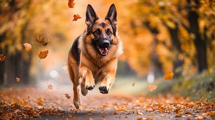 German Shepherd Dog Running Through Autumn Leaves