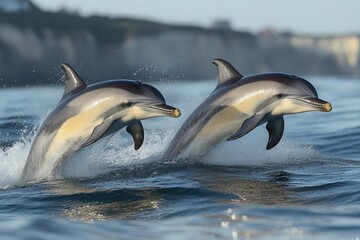 Fototapeta premium two dolphins gracefully leaping out of the sparkling ocean under a radiant sun, embodying joy and freedom in a vibrant coastal setting, capturing the essence of marine life and natural beauty