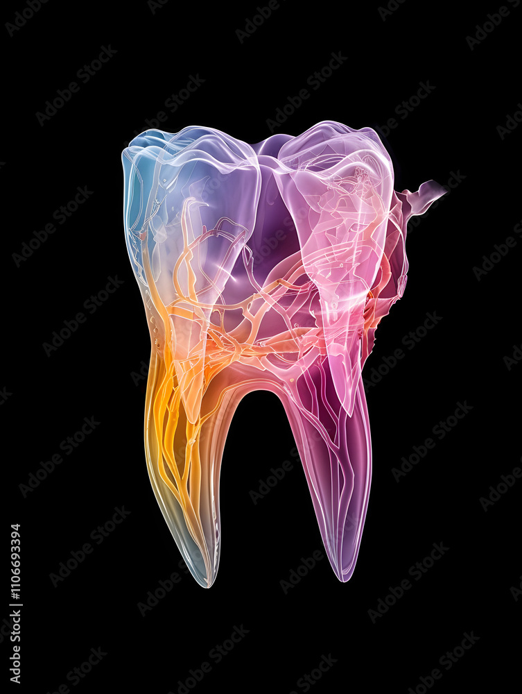 Wall mural cross polarised human tooth slice purple orange, black background