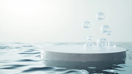 97.3D illustration of a circular podium set on a reflective water surface, with bubbles rising toward the surface. The water features delicate ripples, and the transparent bubbles catch the light,