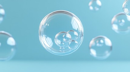 47.Minimalist image of floating glass balls against a soft blue gradient background, the glass appearing nearly transparent and reflecting subtle light. The arrangement of the spheres creates a