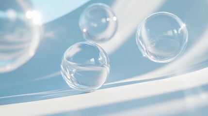 49.Artistic rendering of clear glass balls suspended in mid-air against a soft, light blue background, with gentle sunlight casting ethereal shadows and reflections. The transparency of the glass