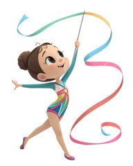 Obraz premium 3d style, Cute rhythmic gymnast holds a beautifully waving ribbon in her hand.. isolated on a transparent background