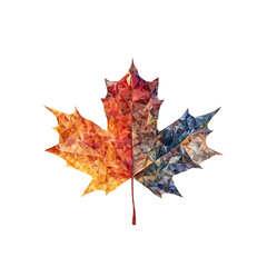 Fototapeta premium A maple leaf, autumn motif, geometric low-poly design, gradient warm hues, isolated on white background