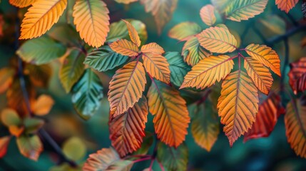Obraz premium Appropriate color scheme for close-up photo of vibrant autumn tree leaves outdoor