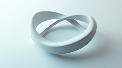 58.Minimalist 3D representation of a MÃ¶bius strip, its continuous loop gently twisting in space. The white background emphasizes the simple elegance of the form, while subtle shadows add depth to the
