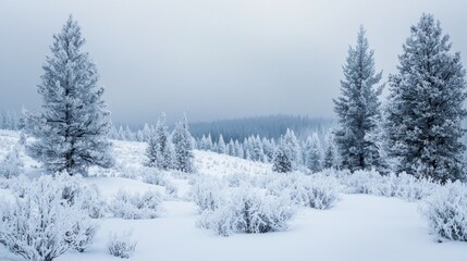 Fototapeta premium A snowy wilderness scene with pine trees covered in frost and a serene landscape.