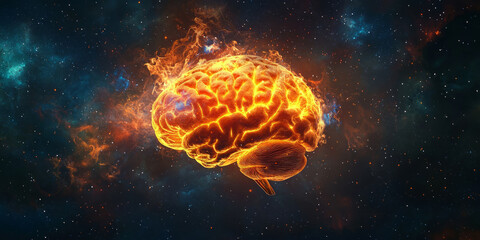 Fototapeta premium A human brain made of fire, floating in the void of space, generative AI