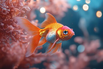 Obraz premium vibrant goldfish gracefully glide among soft pink corals, illuminated by gentle aquarium lights creating a tranquil underwater scene