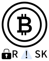 Bitcoin currency symbol within circles, accompanied by lock, exclamation triangle, and letters R and SK. Ideal for finance, cryptocurrency, risk management, online security, financial advisory