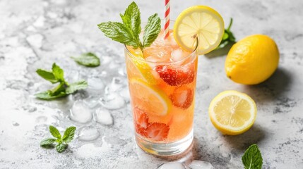 A refreshing glass of strawberry lemonade garnished with a strawberry slice and a sprig of fresh mint, Strawberry lemonade served in a tall glass with ice cubes, Lemon slices for extra tang