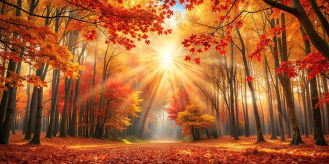 Autumnal Sunbeams Illuminating a Forest Path with Vibrant Red and Gold Foliage