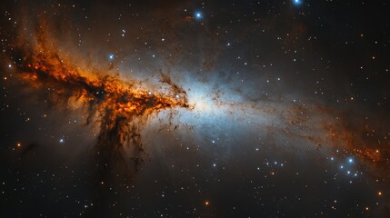 27.Scenic view of a majestic galaxy spiraling across the sky, star clusters twinkling brightly, with soft clouds of interstellar dust and faint, colorful nebulae blending together against a backdrop