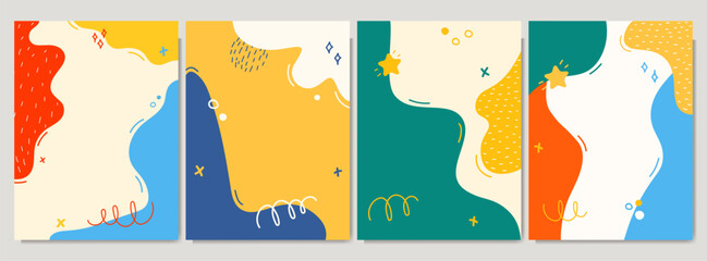 Vector illustration. Colorful childish background. Hand drawn memphis pattern doodle shapes and lines. Design elements for cover, brochure, magazine, poster, flyer. Trendy abstract colorful background