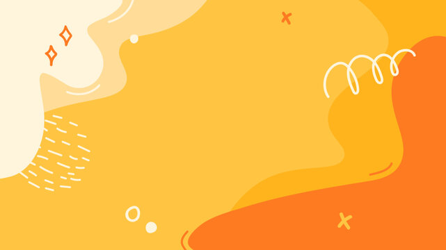 Vector illustration. Hand drawn fun memphis pattern, doodle shapes and lines. Colorful joyful design elements for web banner, website template, horizontal wallpaper. Orange bright color palette