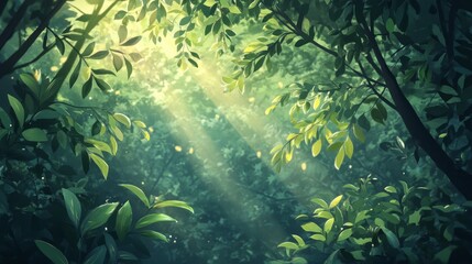 Sunlight streaming through lush green leaves forest landscape nature scene tranquil environment close-up viewpoint serenity concept